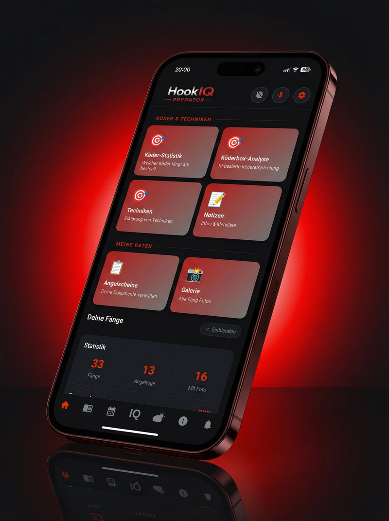 HookIQ Predator Dashboard — Köder-Statistik, Techniken und Galerie