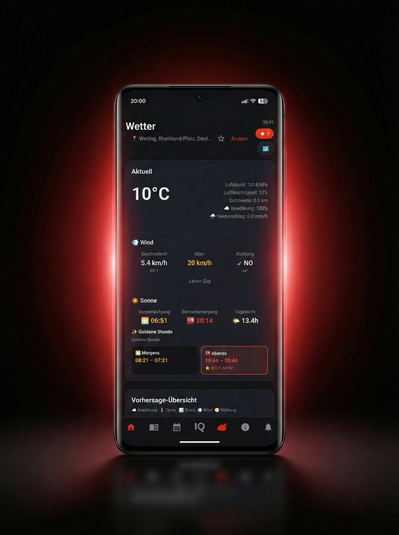 HookIQ Wetter — Aktuelle Temperatur, Wind, Luftdruck, Goldene Stunde und Vorhersage