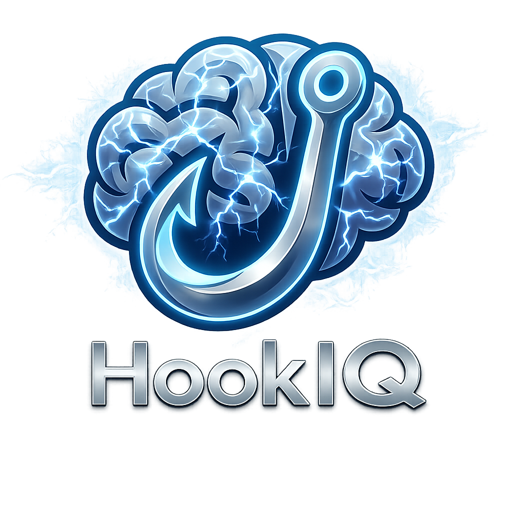 HookIQ Logo mit Blitzen — Intelligente Angel-App mit KI