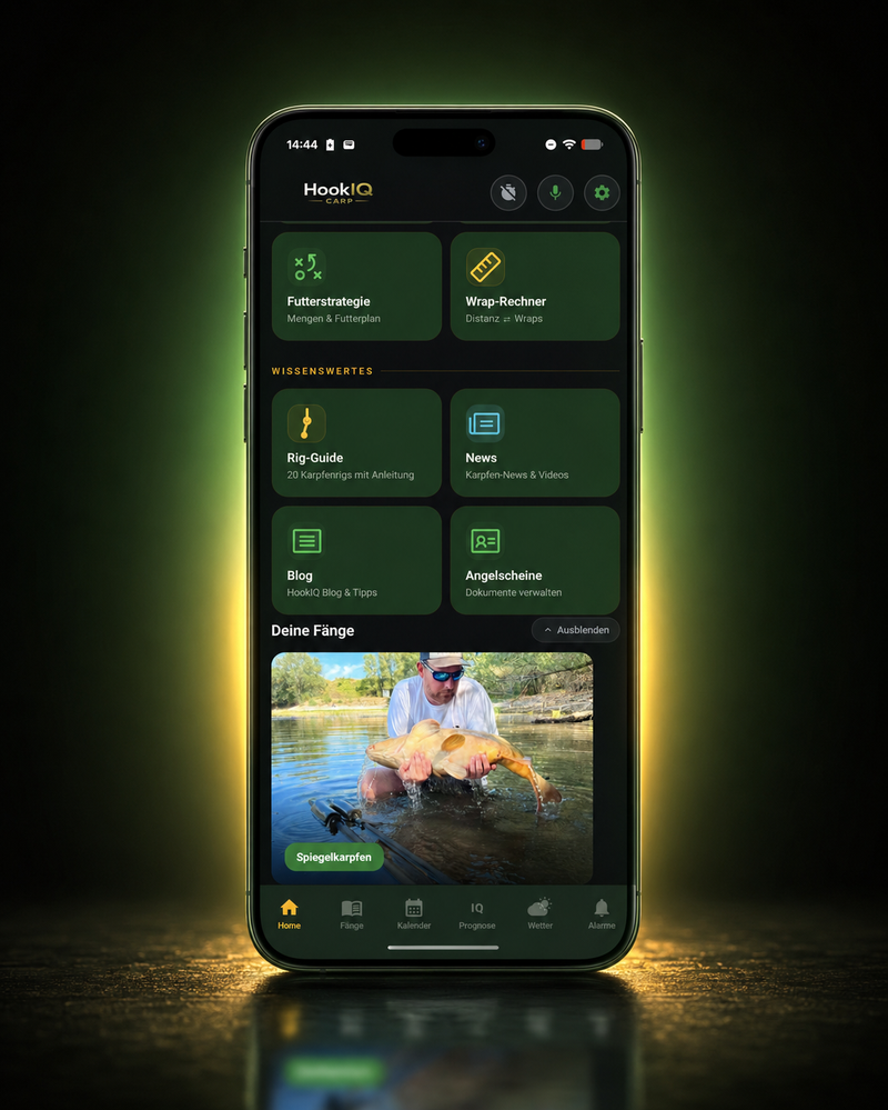 HookIQ Carp Dashboard — Futterstrategie, Wrap-Rechner, Rig-Guide und Fänge