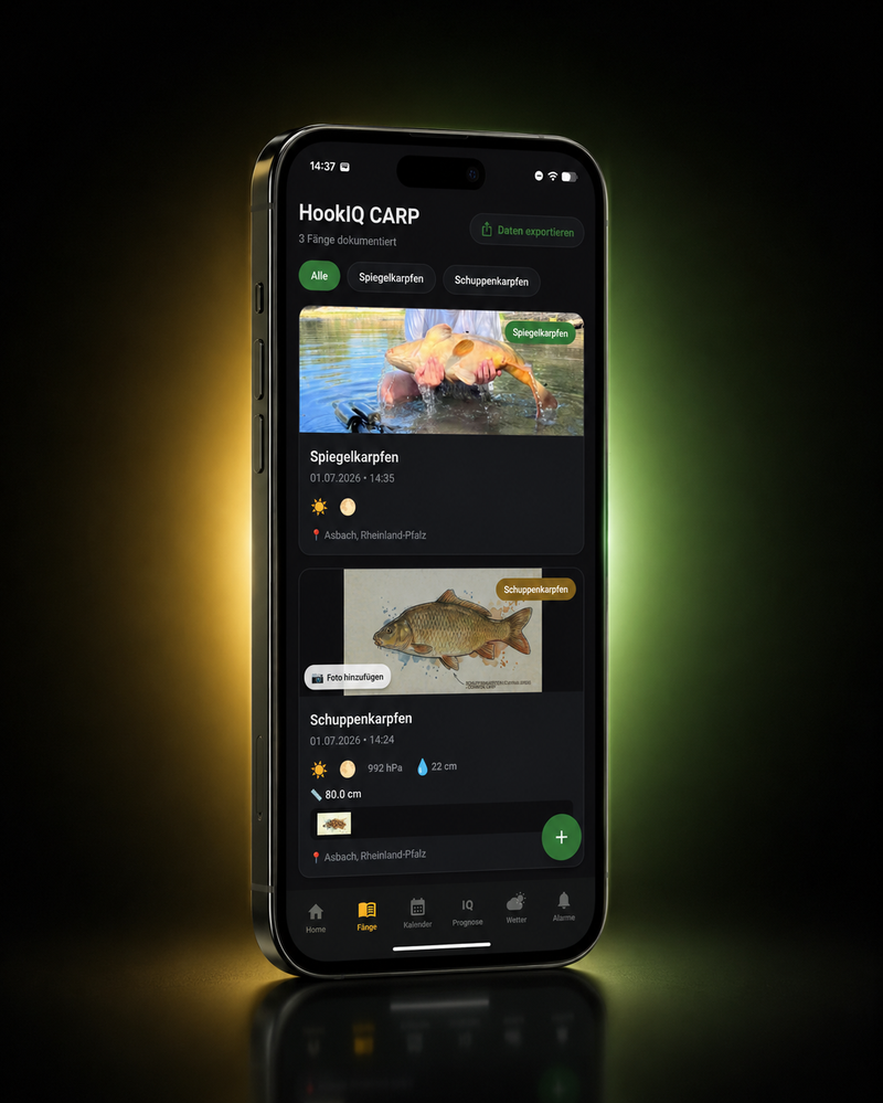HookIQ Carp Fangtagebuch — Spiegelkarpfen und Schuppenkarpfen mit Wetterdaten