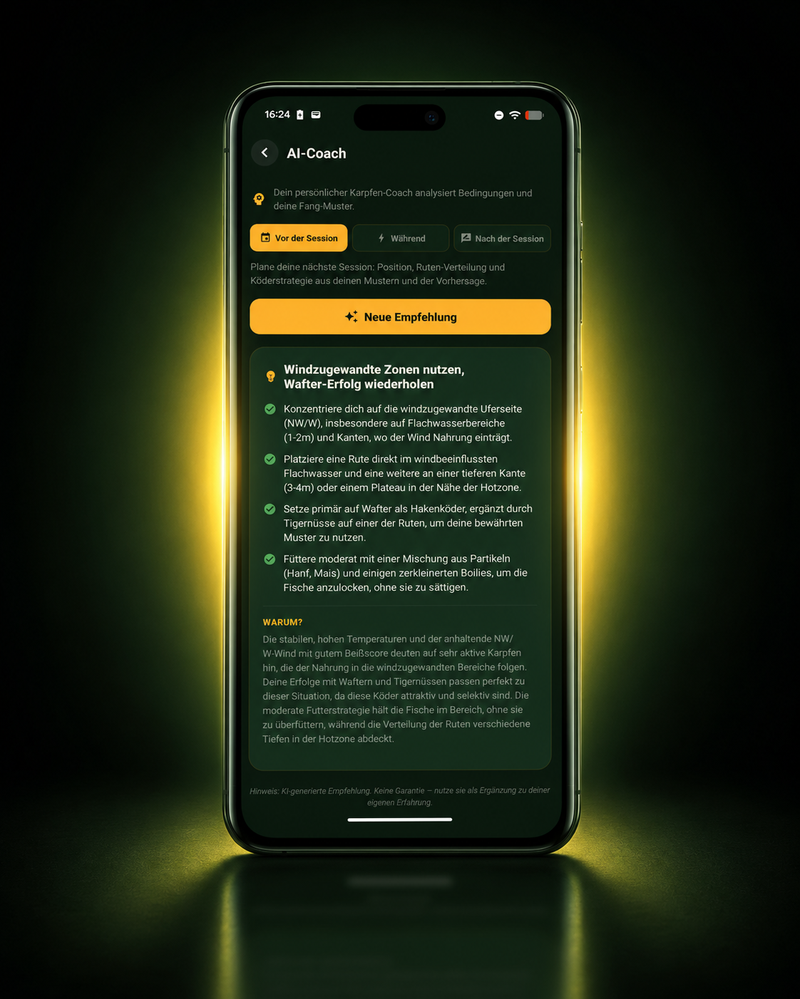 HookIQ Carp AI-Coach — Empfehlungen für Position, Rutenverteilung und Köderstrategie